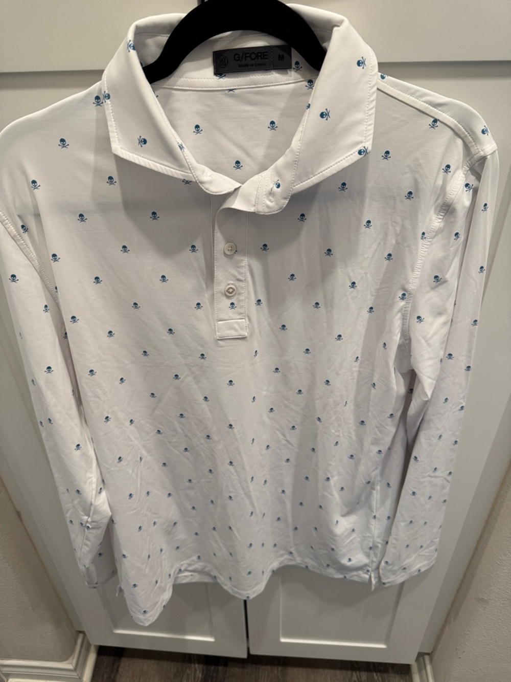 G/FORE White Long-Sleeve Polo with Tiny Blue Skull Print